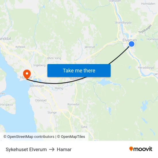 Sykehuset Elverum to Hamar map
