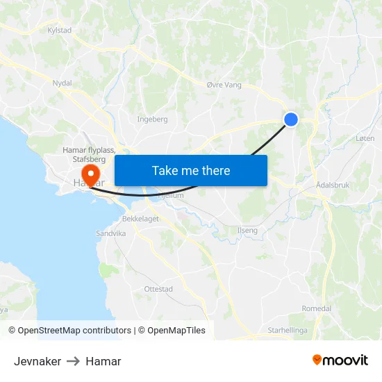 Jevnaker to Hamar map