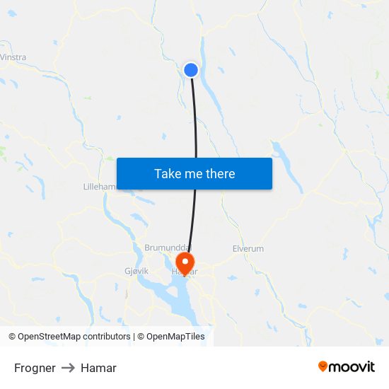 Frogner to Hamar map