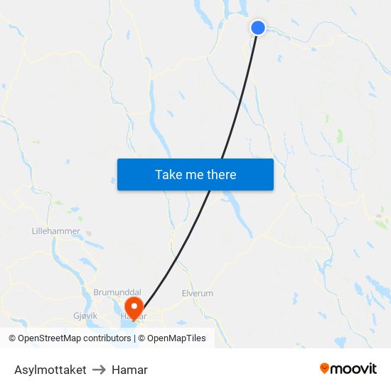 Asylmottaket to Hamar map