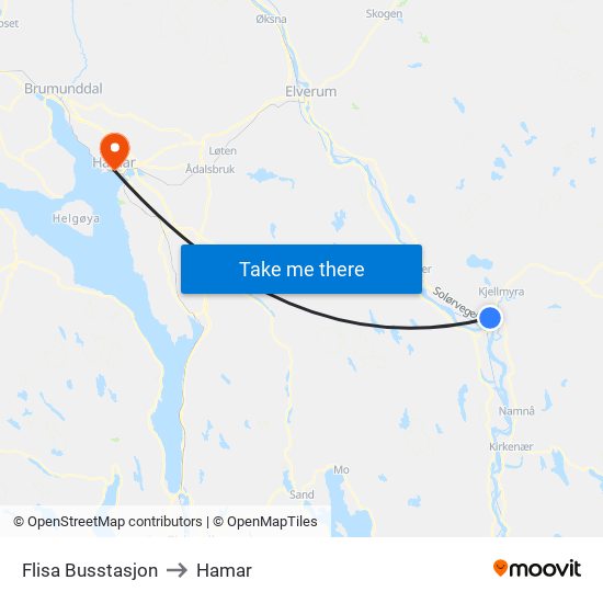 Flisa Busstasjon to Hamar map