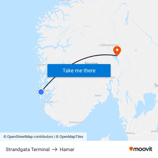 Strandgata Terminal to Hamar map