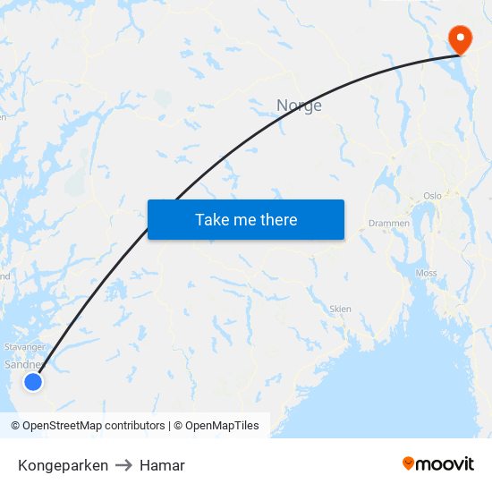 Kongeparken to Hamar map