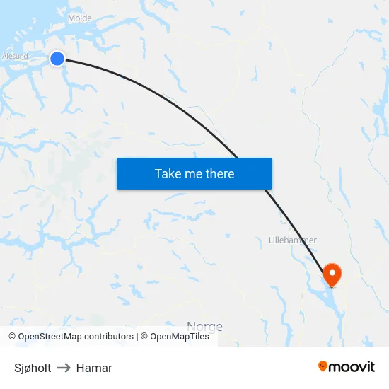 Sjøholt to Hamar map