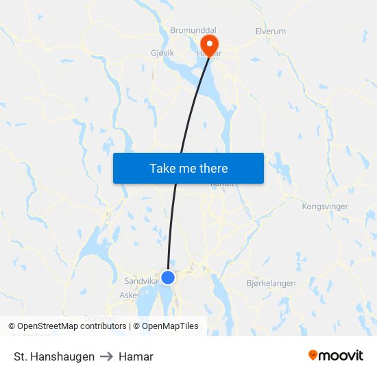 St. Hanshaugen to Hamar map