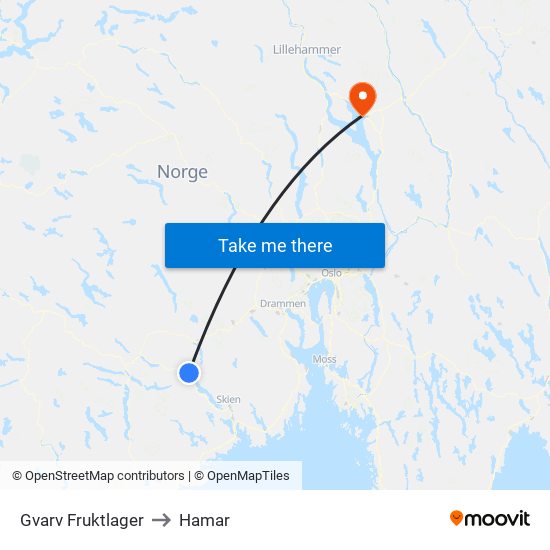 Gvarv Fruktlager to Hamar map