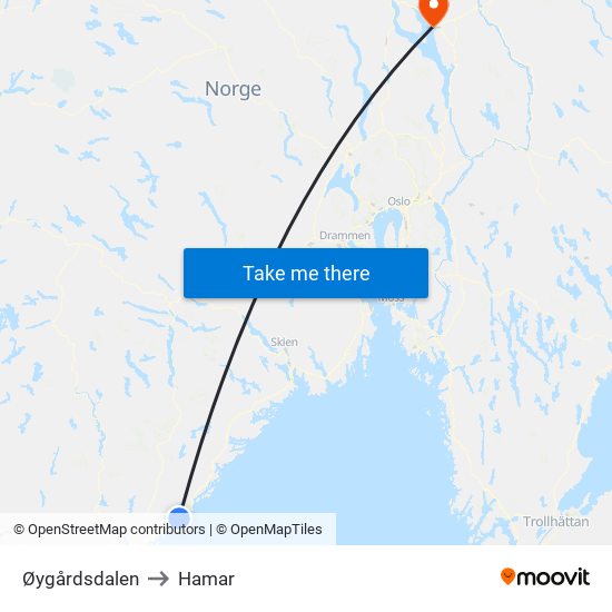 Øygårdsdalen to Hamar map