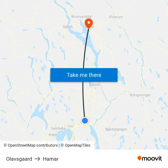 Olavsgaard to Hamar map