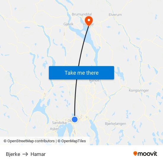 Bjerke to Hamar map