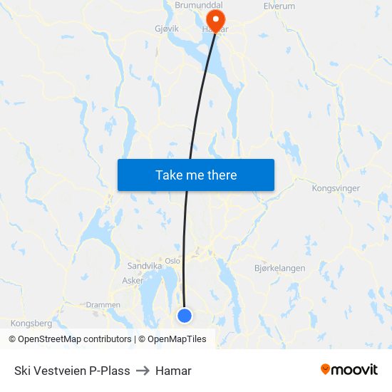 Ski Vestveien P-Plass to Hamar map