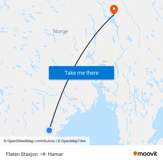 Flaten Stasjon to Hamar map