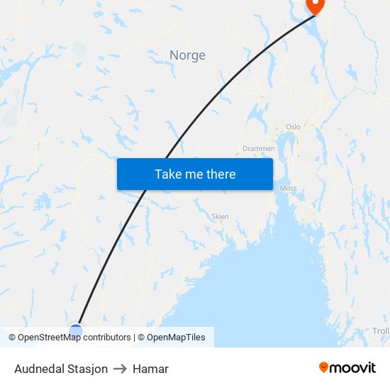 Audnedal Stasjon to Hamar map