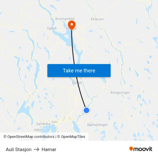 Auli Stasjon to Hamar map