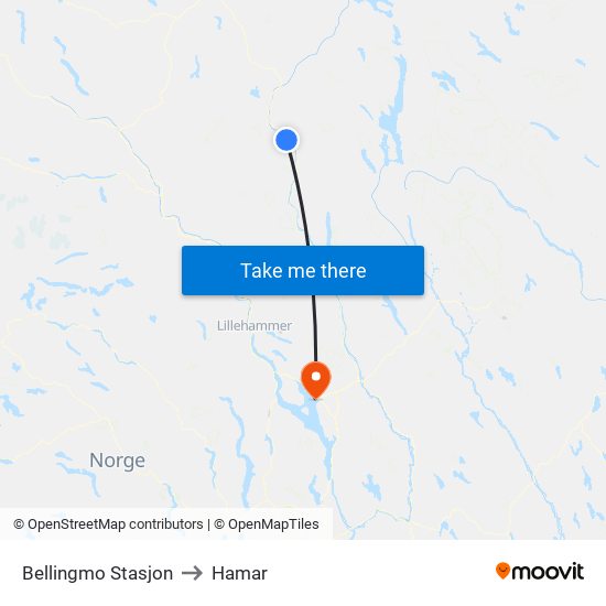 Bellingmo Stasjon to Hamar map