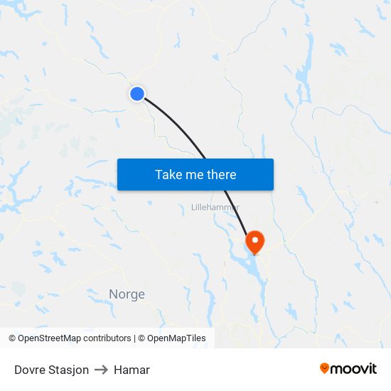 Dovre Stasjon to Hamar map