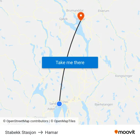 Stabekk Stasjon to Hamar map