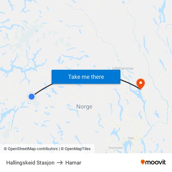 Hallingskeid Stasjon to Hamar map