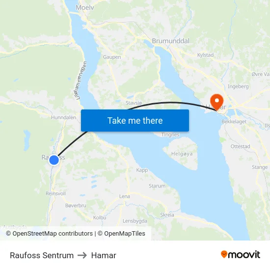 Raufoss Sentrum to Hamar map