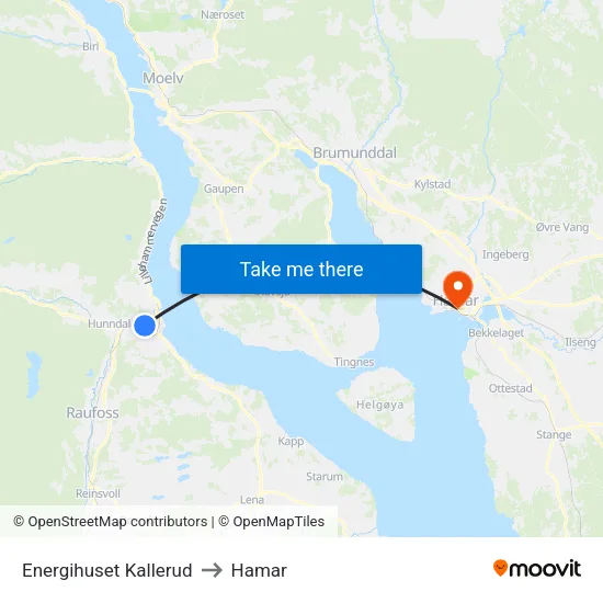 Energihuset Kallerud to Hamar map