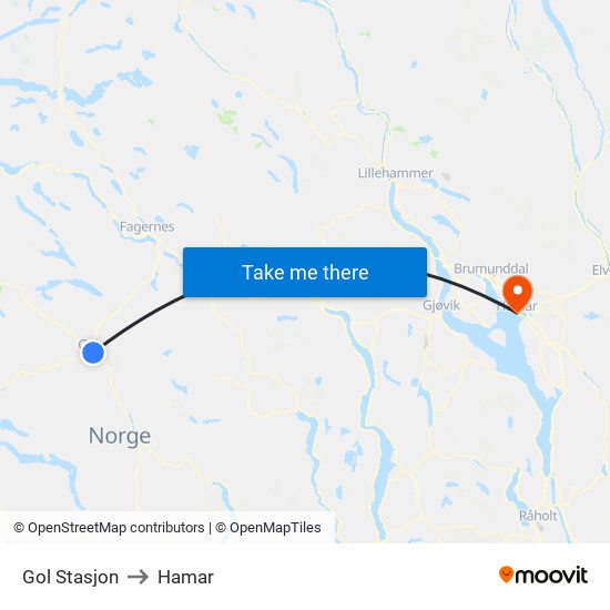 Gol Stasjon to Hamar map