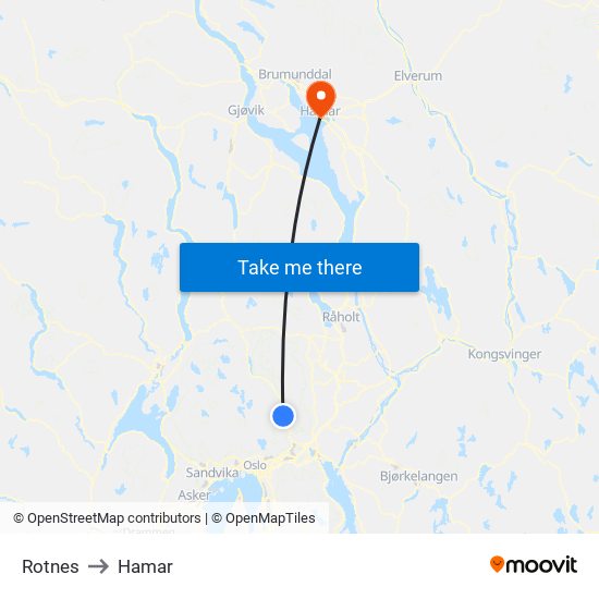 Rotnes to Hamar map