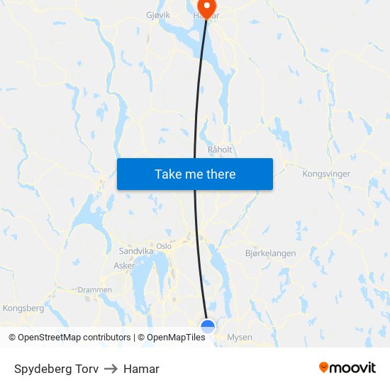 Spydeberg Torv to Hamar map