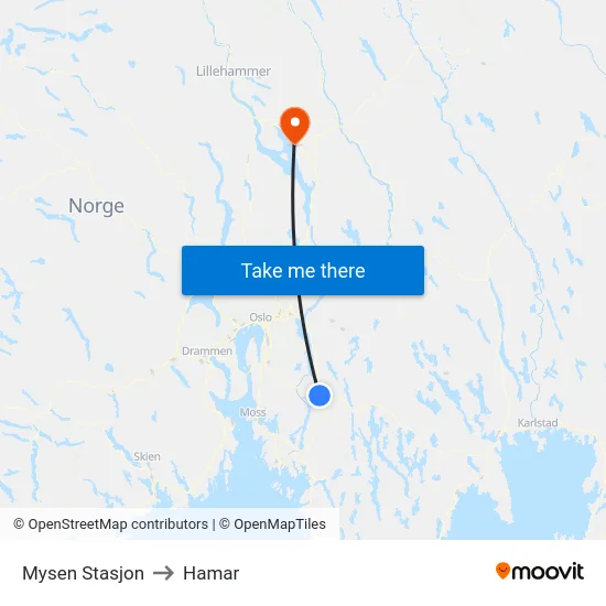 Mysen Stasjon to Hamar map