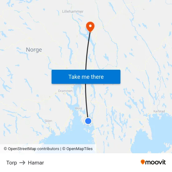 Torp to Hamar map