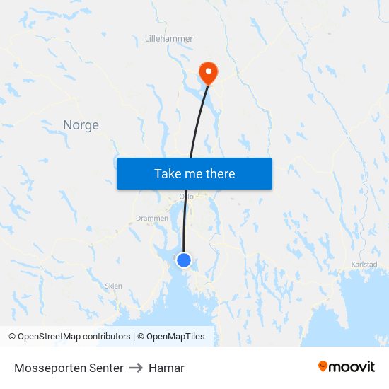 Mosseporten Senter to Hamar map