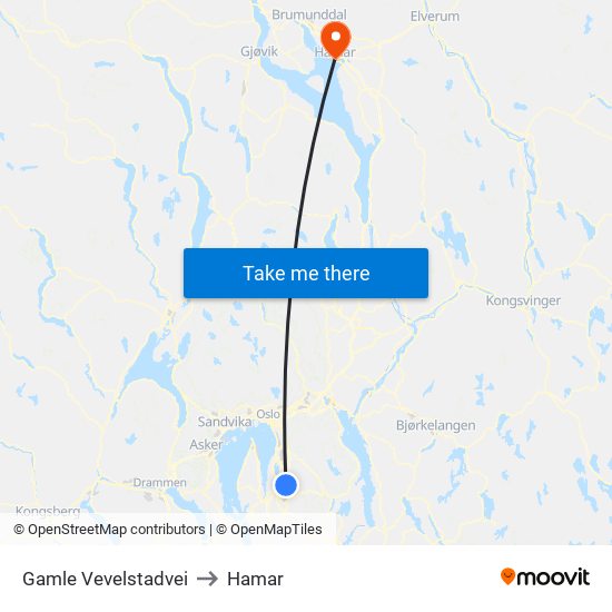 Gamle Vevelstadvei to Hamar map