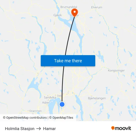 Holmlia Stasjon to Hamar map