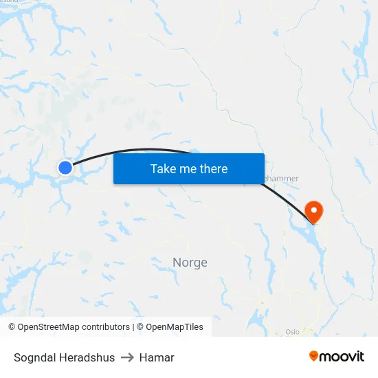 Sogndal Heradshus to Hamar map