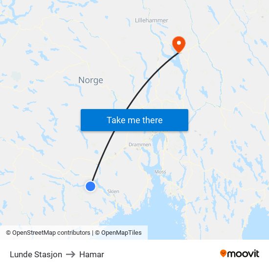 Lunde Stasjon to Hamar map