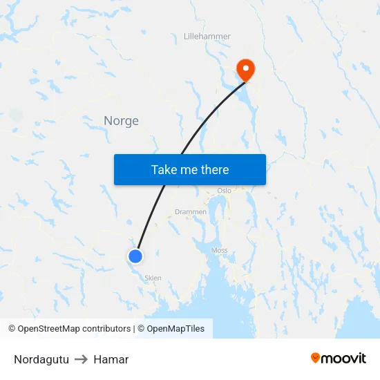 Nordagutu to Hamar map