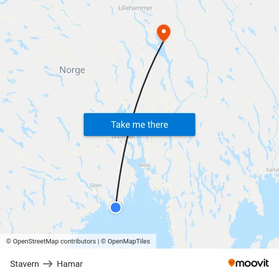 Stavern to Hamar map