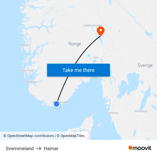 Svemmeland to Hamar map