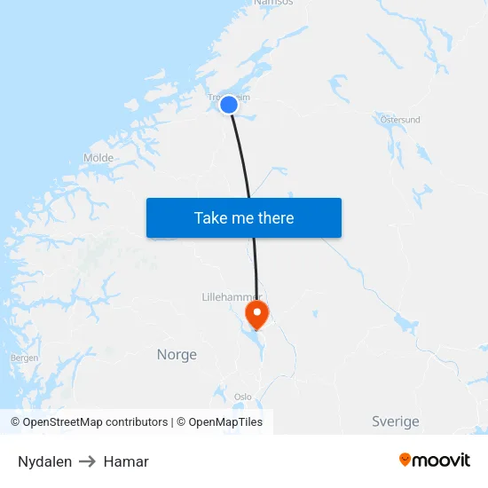 Nydalen to Hamar map