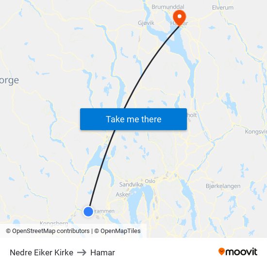 Nedre Eiker Kirke to Hamar map