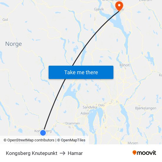 Kongsberg Knutepunkt to Hamar map