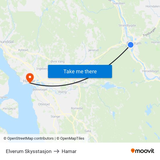 Elverum Skysstasjon to Hamar map