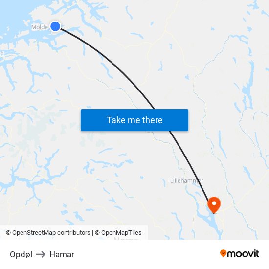 Opdøl to Hamar map