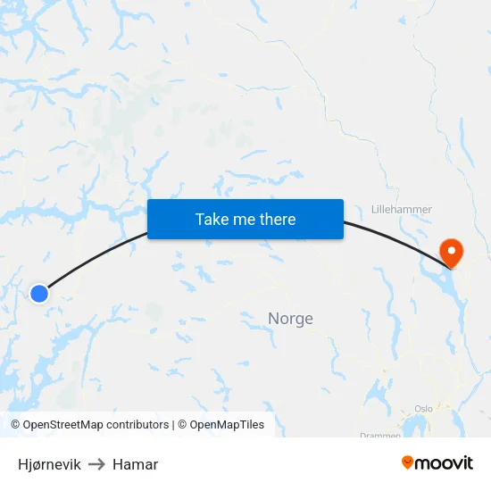 Hjørnevik to Hamar map