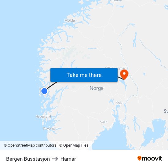 Bergen Busstasjon to Hamar map