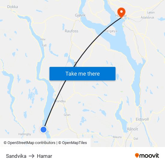 Sandvika to Hamar map