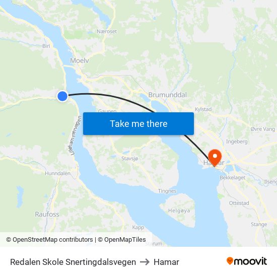 Redalen Skole Snertingdalsvegen to Hamar map