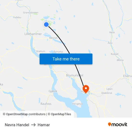 Nevra Handel to Hamar map