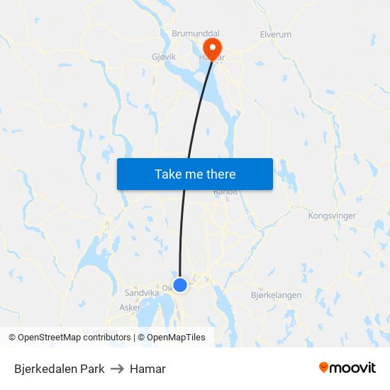 Bjerkedalen Park to Hamar map