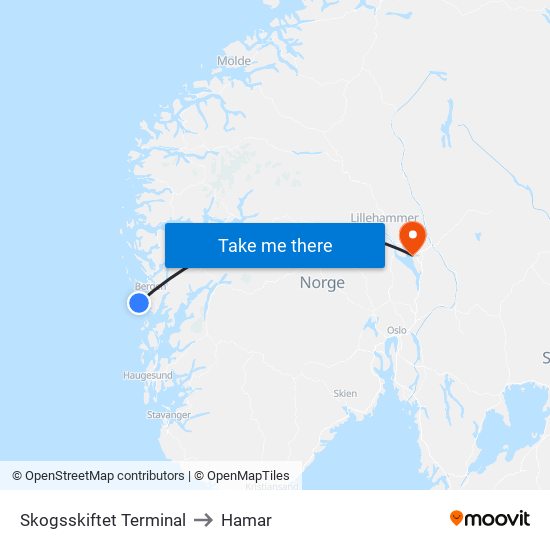 Skogsskiftet Terminal to Hamar map