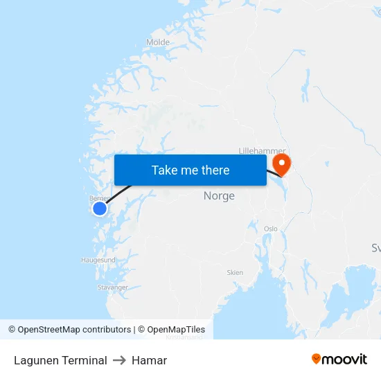 Lagunen Terminal to Hamar map