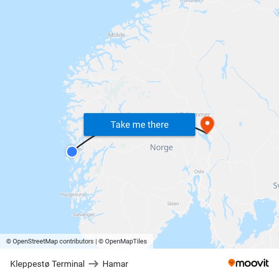 Kleppestø Terminal to Hamar map
